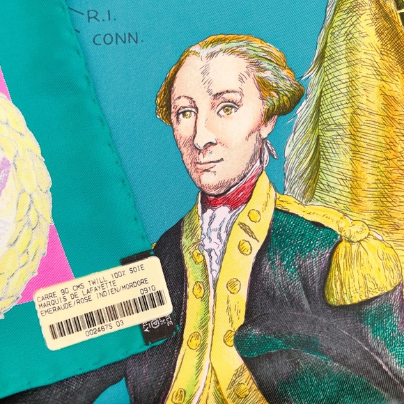 Collectible NWT Hermes Scarf Carré 90 "Marquis de Lafayette" in Turquoise/Pink - Picture 4 of 11